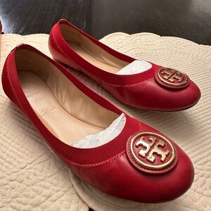 Tory Burch Red Leather Flats with Gold Logo